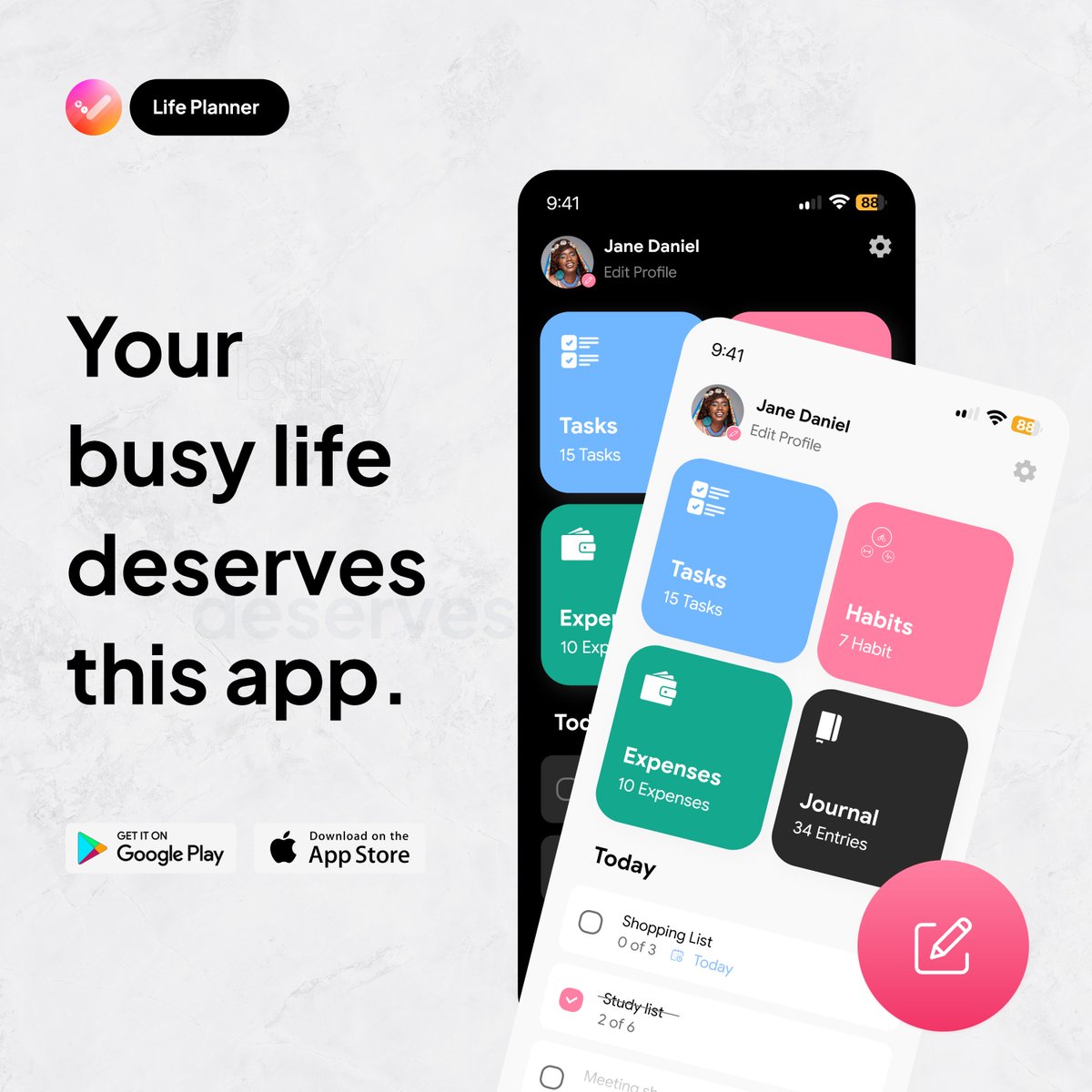 All your tasks in one place = more focus, less stress.
Life Planner helps you plan, track, and prioritize everything in your day.

Start today on Google Play thelifeplanner.co/play/x
or App Store thelifeplanner.co/apple/x