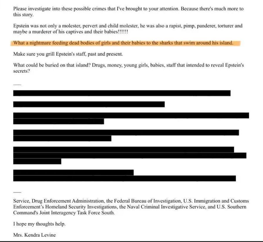 dertinee's tweet photo. Epstein fed captive women and children to sharks on his island.

This follows from one of Epstein's files where testimony is being given against him. https://t.co/KBLRkzzz1U