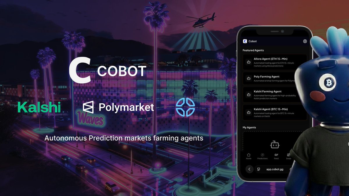 Excited to launch Autonomous <a href="/Polymarket/">Polymarket</a>  and <a href="/Kalshi/">Kalshi</a> <a href="/dflow/">DFlow</a>  farming agents 🚀

In private beta, the agents have a 95% win rate, 
Setup autonomous agents now at app.cobot.gg

Custom agents &amp; Strategy builder launching soon
