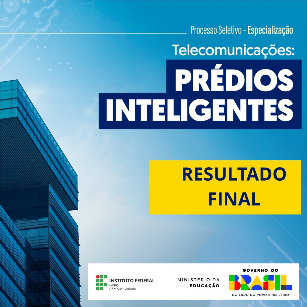 O Câmpus Goiânia do IFG publicou o resultado final da seleção para a especialização em Telecomunicações: Prédios Inteligentes 2026/1. 
Os candidatos podem acessar a lista dos aprovados, na página Estude no IFG, clicando em Pós-Graduação. 
Saiba mais: ifg.edu.br/component/cont…