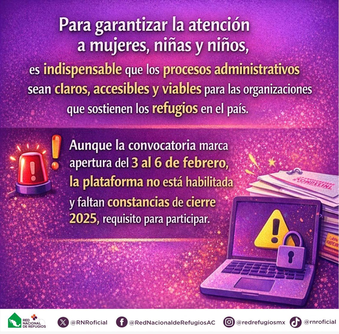 Reconocemos avances en el Programa de Refugios 2026

Sin embargo, la plataforma para el registro sigue sin estar habilitada, generando incertidumbre ante plazos restrictivos