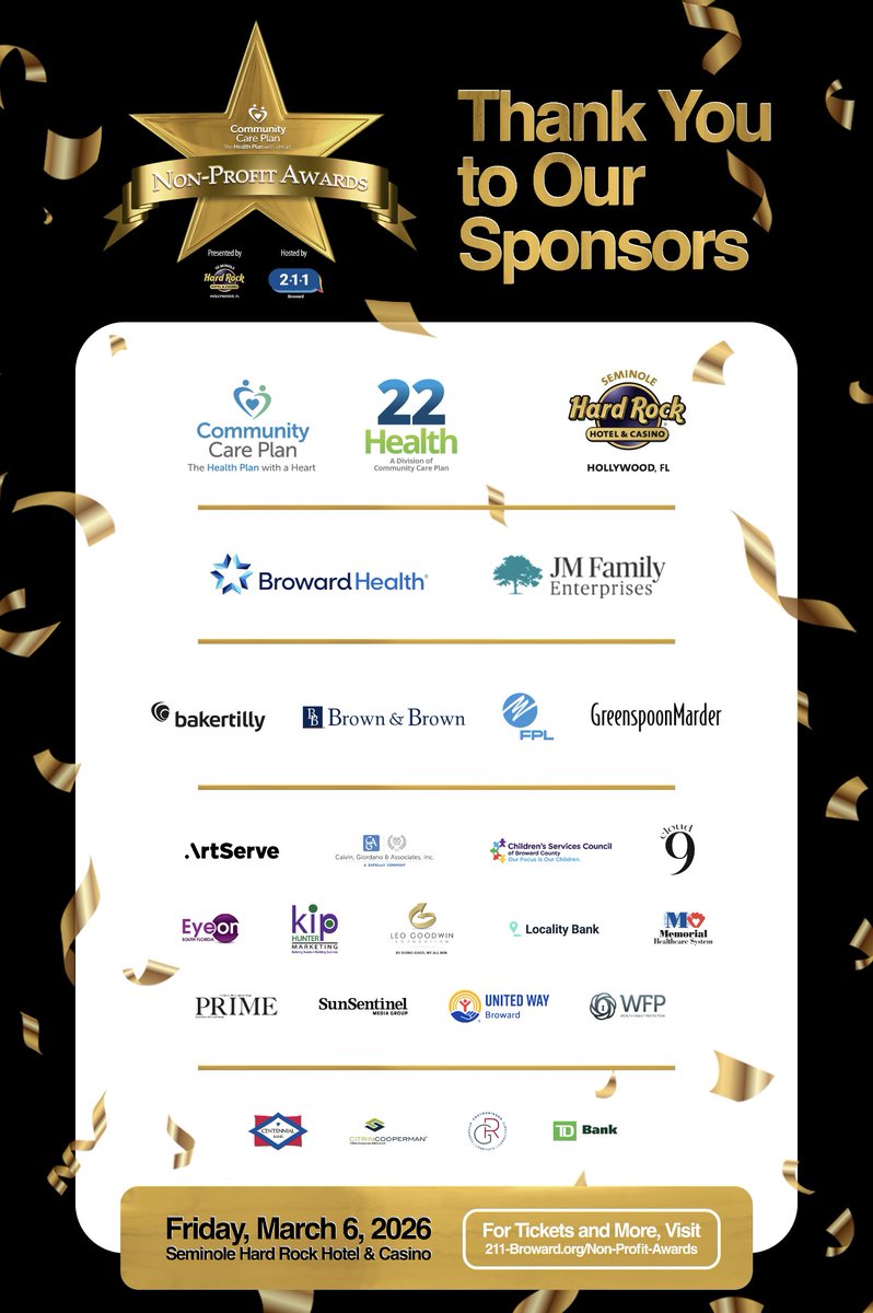 211Broward's tweet photo. Tonight's the night we reveal the Finalists for the 15th Annual Community Care Plan Non-Profit Awards! https://t.co/a3XYISXfKk @ 6PM, watch our Livestream as we celebrate our nonprofit community! Thank you to our amazing Sponsors and Supporters who make all this possible!