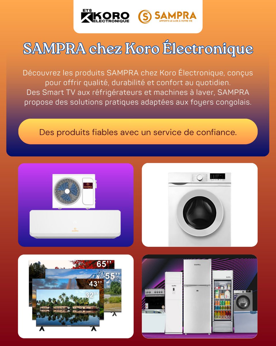 EtsKoro's tweet photo. SAMPRA chez Koro Électronique - Une technologie fiable pour le quotidien

📍Koro Électronique, Lubumbashi
🤝Des produits fiables avec un service de confiance.
#KoroElectronique
#Lubumbashi #DRCongo #TrustedBrand #ElectronicsStore #HomeAppliances #SmartTV #CongoShopping #ShopLocal https://t.co/9Jc0f9LogX