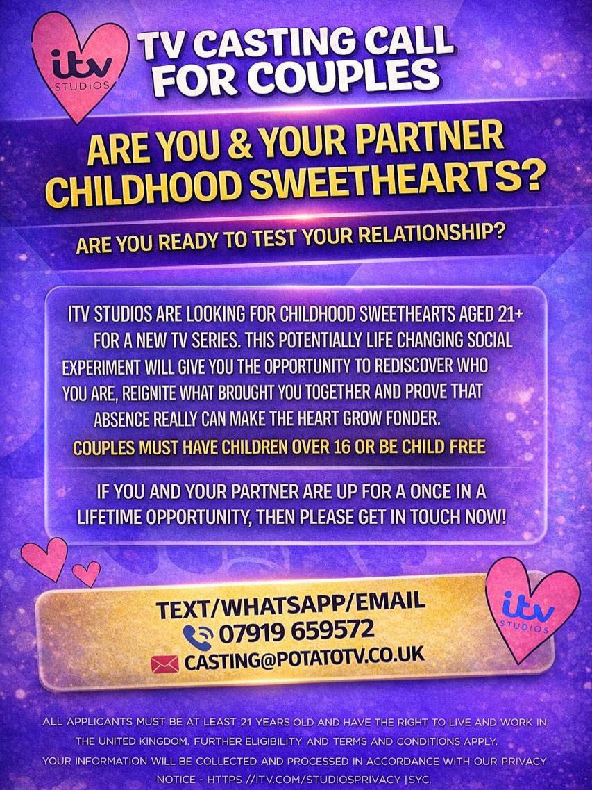 🟡 #BEONSCREEN 🟡

ITV are looking for childhood sweethearts to take part in a brand new TV show 💛

If you &amp; your partner met when you were young &amp; have grown up together, the team would love to hear from you 👀

📧 casting@potatotv.co.uk

#relationships #couples #thecastingcrew