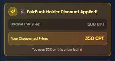 New Update for $PAIR 🎉

$PAIR holders now receive up to 30% discounts on entry fees for all cross-community competitions across PairPunk.

Discounts are automatically applied based on in-game wallet holdings, directly strengthening token utility, incentivizing holding, and
