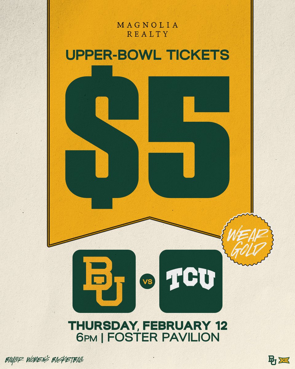 This in-state battle is only ONE week away at <a href="/FosterPavilion/">Foster Pavilion</a> 👀🏀

Get $5 upper-bowl tickets for a top-15 <a href="/BaylorWBB/">Baylor Women's Basketball</a> matchup against TCU now: baylorbea.rs/4knyOcn

#SicEm | <a href="/MagnoliaRealty/">Magnolia Realty</a>