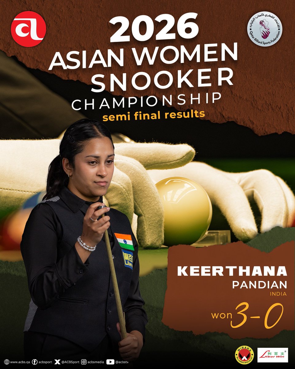 ACBSport's tweet photo. Keerthana Pandian 🇮🇳 was in complete command at the 2026 Asian Women Snooker Championship, storming to a 3–0 semifinal win and marching into the final.
#AsianSnooker2026 #KeerthanaPandian #IndianSnooker #WomenInSnooker #SnookerChampionship #SnookerResults #CueSports #ACBS https://t.co/lO5aw5WJ5D