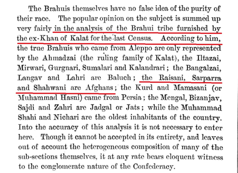 A Khan of Kalat in the 19th century himself provided the information that the Raisanis are of Afghan (Pashtun) descent. Tarikh-i-Baluchistan by Hattu Ram also attributes Tarin Pashtun roots to the Raisanis.

Source: 'The Brahui langauge' (1909) by Denys Bray.