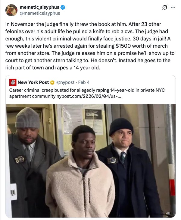 >30 prior arrests and still gets released
>Immediately rapes a 14-year-old girl

We need to limit judicial immunity and start holding these insane judges accountable.