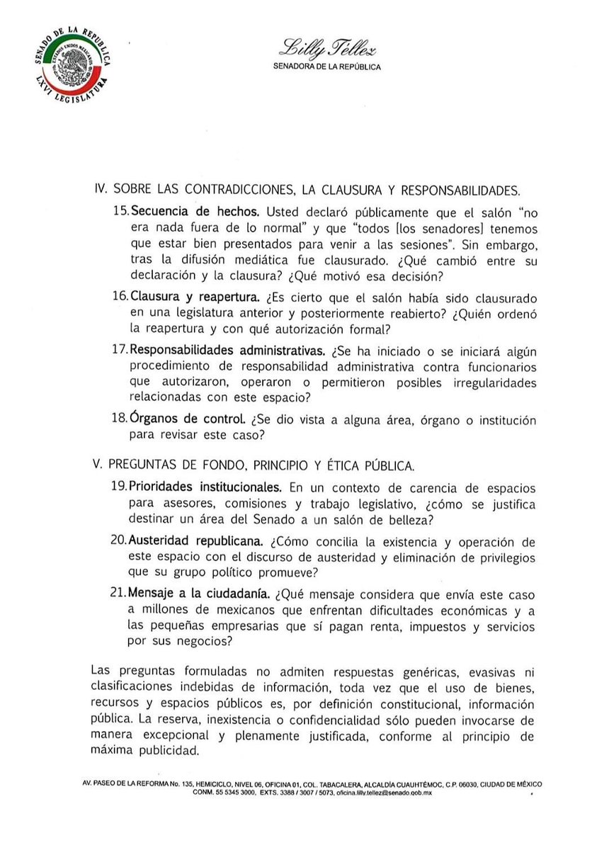 Fueron senadoras de Morena quienes filtraron que la señorita <a href="/AndreaChavezTre/">Andrea Chávez</a> impulsó rehabilitación del salón de belleza. 

Presenté documento a la presidente del Senado, con una serie de preguntas que debe responder a los mexicanos.

Estamos hartos de su falsa austeridad. 👇