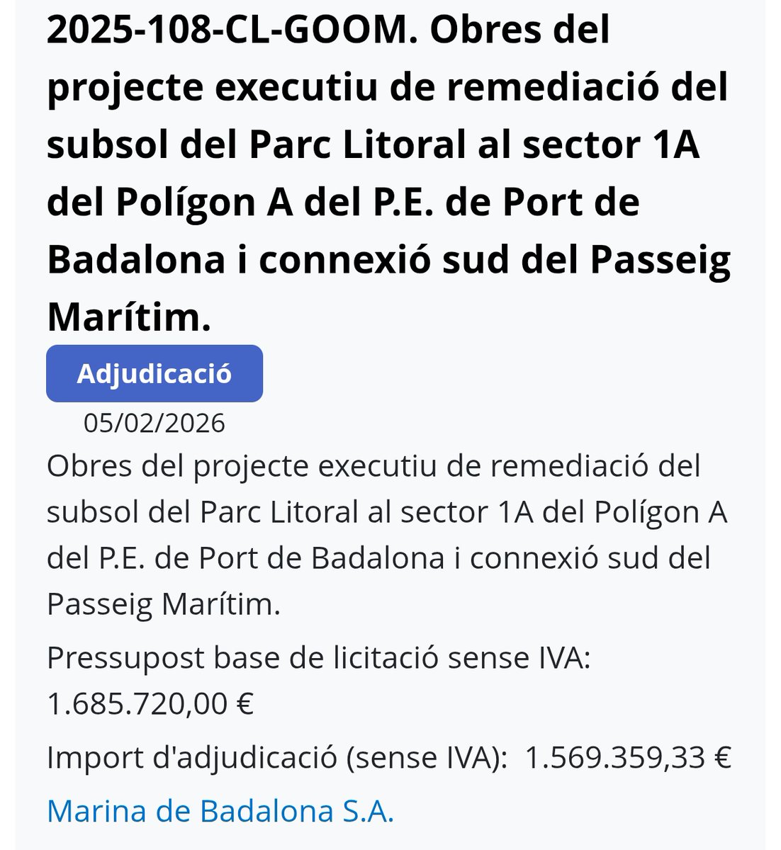 dpani1994's tweet photo. ADJUDICADO DESCONTAMINACIÓN SUBSUELO AL LADO PLATJA MARINA ✅
🚧 VIALSER
💸 1'9millones
⏳5 meses
#Badalona #TeamBadalona https://t.co/w9Vxay6Ps4