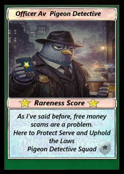 Season 2 • Card #5
PIGEONPOLICE
tokenscan.io/asset/PIGEONPO…
Artist: @ABYSVORA
Supply: 51
rarepigeons.com/season-2/
#RarePigeons #BitcoinNFT #Counterparty #XCP #Bitcoin #OnChainArt #CryptoArt