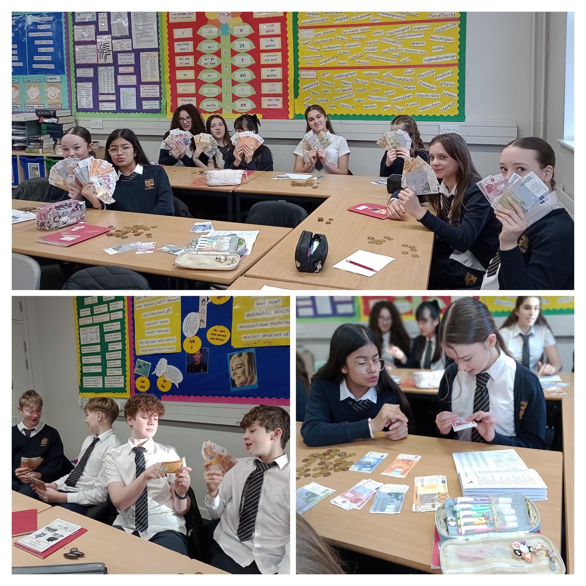 MFL_2XL's tweet photo. Y8 pupils have been feeling flush, dealing with hundreds of Euros at the Bank of MFL to practise "Ça fait combien?" And "Was kostet das?" If only it were real! @StanwellSchool @Numeracy2XL @SingingSombrero @WG_Education https://t.co/vegk2SK9Ys