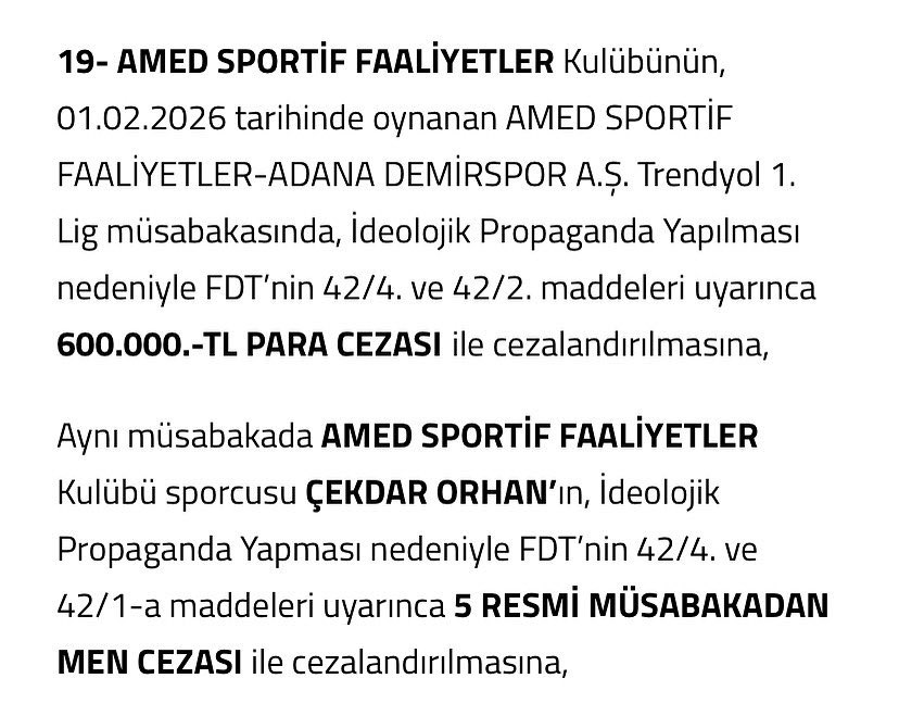 PFDKnın #Amedspor ve Çekdar’a verdiği ceza tamamen Kürt düşmanlığından kaynaklanmaktadır.

Kadın katliamını protesto için saç örme hareketi yapan Amedsporlu Çekdar’a 5 maç ceza, 
tribünlere c’nsel organıyla hareket çeken FBli Skrıniar’a 2 maç ceza!