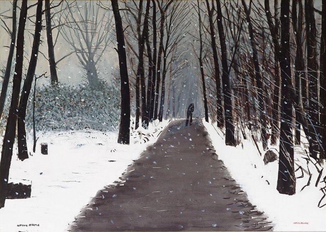 There’s a real sense of movement in ‘Going Home’ as Peter Brook, head down in the face of swirling flurries of snow, strides out along the path through his local Bradley Wood, while the minute figure of Shep, on his last walk of the day, runs ahead, already almost out of sight.