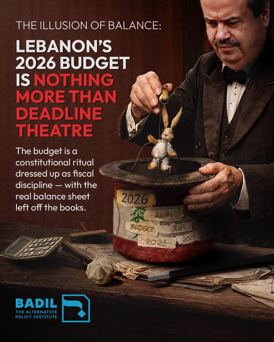 Badilmedia's tweet photo. Lebanon’s 2026 budget was passed at the constitutional deadline and sold as “discipline.” @MarwanIssa4, Badil’s Non-Resident Fellow, argues the numbers conceal the real story: who pays, who is protected, and what is kept off the books. 

Even if the budget balances on paper, it remains regressive and austerity blocks any path to recovery. What is missing is telling too: no budgeted revenues from quarries and crushers or maritime properties. 

Read more here: https://t.co/ue0bCFaLeJ