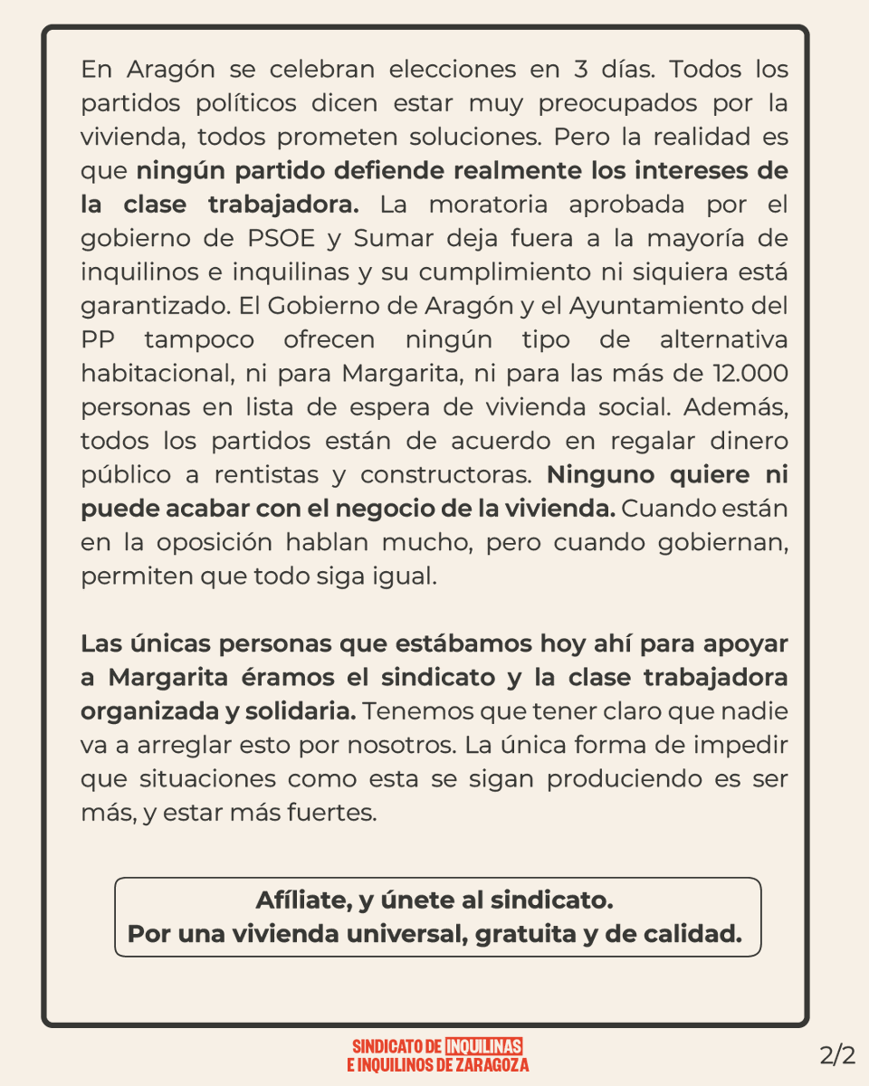 Sobre el desahucio ejecutado esta mañana contra nuestra compañera Margarita

Hoy con mucha tristeza informamos de que se ha producido el desahucio de Margarita. Cumplía los requisitos aún más estrictos de la nueva moratoria aprobada por el Gobierno.  (1/3)