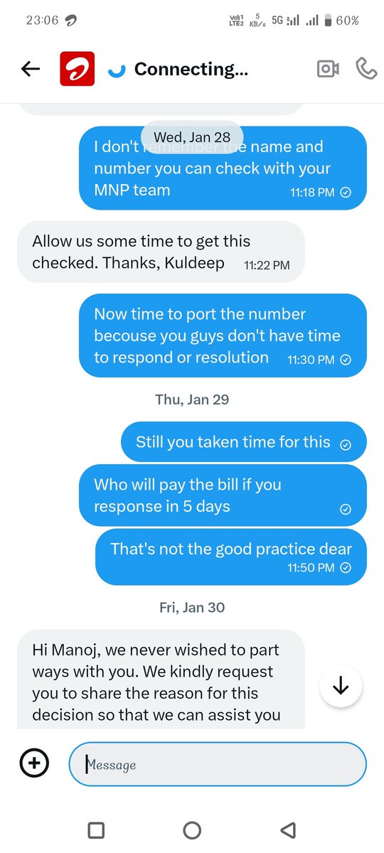 ManojPtl3's tweet photo. Since 28th December follow airtel for small issue of billing but still they don't have time to call ,but after bill generation they required bill on time @Airtel_Presence @airtelindia @airtelnews @Jio for port https://t.co/uxYIn9BT04