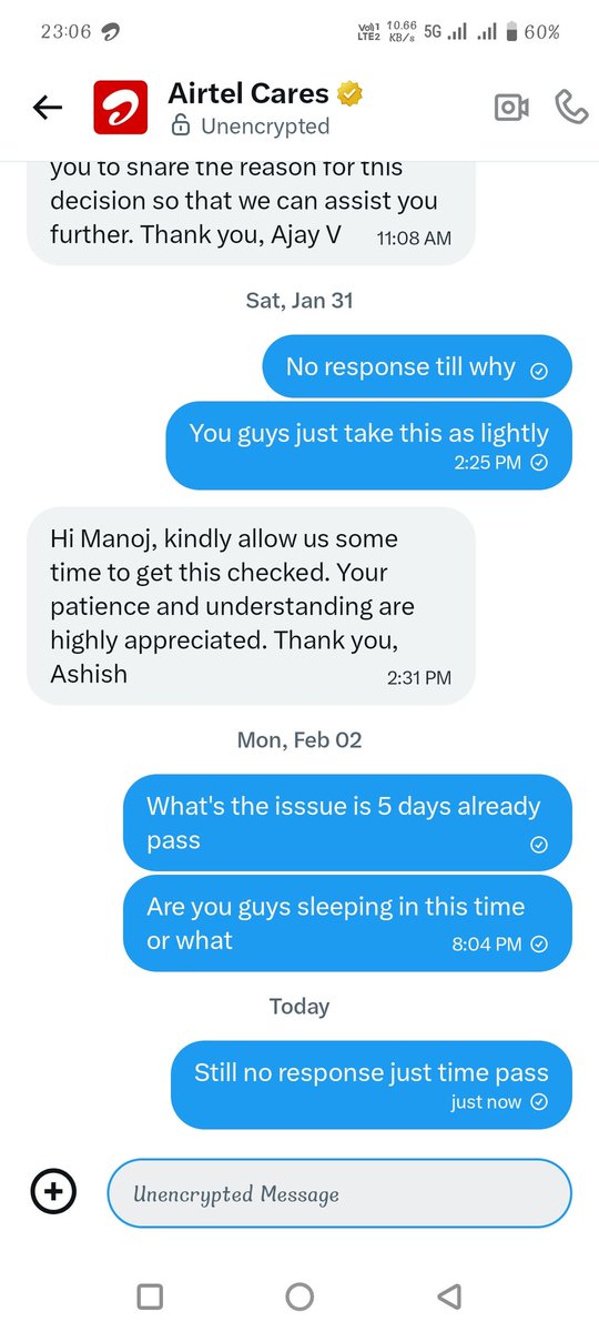 ManojPtl3's tweet photo. Since 28th December follow airtel for small issue of billing but still they don't have time to call ,but after bill generation they required bill on time @Airtel_Presence @airtelindia @airtelnews @Jio for port https://t.co/uxYIn9BT04