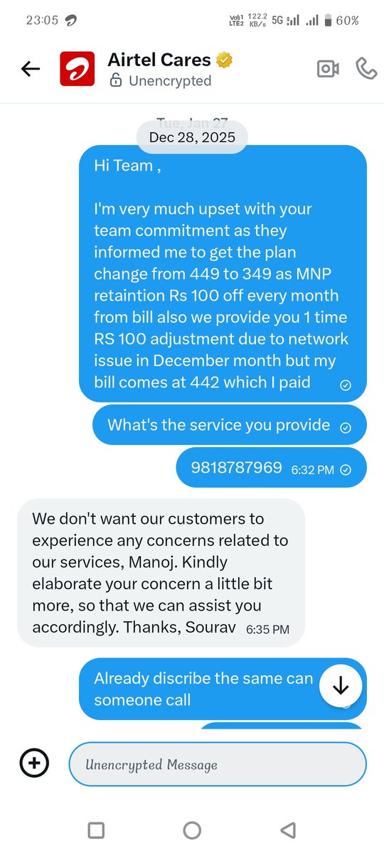ManojPtl3's tweet photo. Since 28th December follow airtel for small issue of billing but still they don't have time to call ,but after bill generation they required bill on time @Airtel_Presence @airtelindia @airtelnews @Jio for port https://t.co/uxYIn9BT04