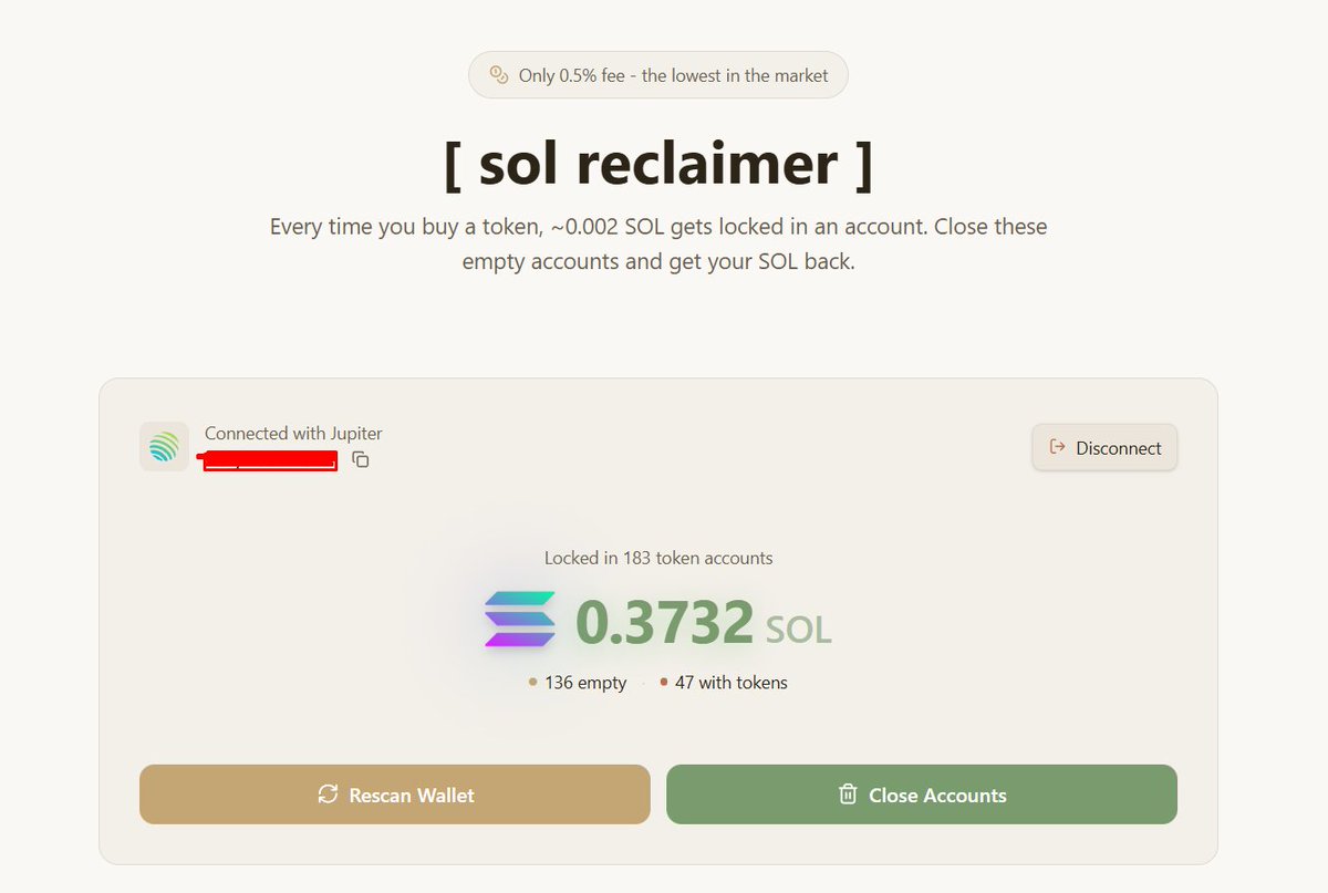 eaglecrypto_web's tweet photo. Missing out on free $SOL?  

Every token you grab has SOL tucked away in a hidden wallet.   

Many traders? They’re sitting on dozens of these.   

https://t.co/nqoXxVDNzC  

It’s not lost; it’s still YOURS.  

Sol Incinerator takes 2-5%  
Terminals take 1%+  

Sol Reclaimer: https://t.co/Ai6RXvEksS