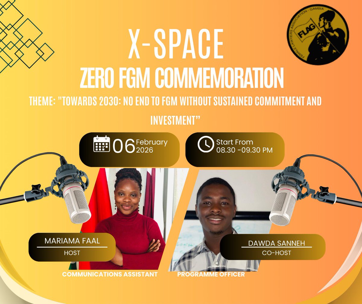 FLAGambia's tweet photo. Moving from awareness to eradication: How do we reach the 2030 roadmap? πΊοΈ
Join @faal_mariama & Dawda Sanneh on X-Spaces to discuss the path forward.
π
Feb 6, 2026 π£ 8:30 PM π X-Spaces
Letβs turn commitment into reality. π€
#ZeroFGM #ActNow #FLAGGambia https://t.co/6KWrBZOBl3