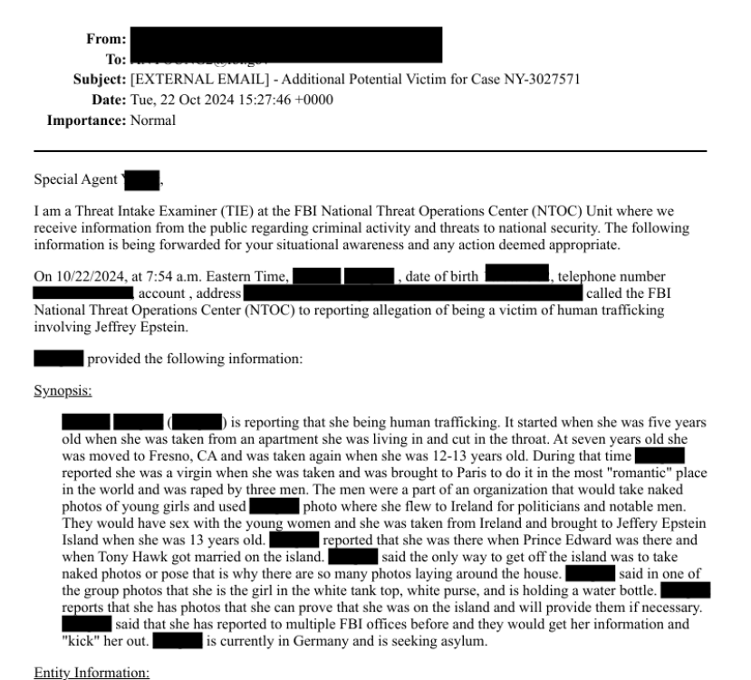 5 yaşında kaçırılıyor. 
Boğazı kesiliyor. Ölmüyor.
13 yaşına kadar Paris'te İrlanda'da
Tecavüzeuğruyor.
Siyasetçilere-adamlarına sunuluyor. 13 yaşında Epstein'ın adasına getiriliyor. Hepsi tecavüz ediyor. Kilit cümle şu: 

Defalarca FBI'a şikayet gidiyor. İlgilenmiyorlar !