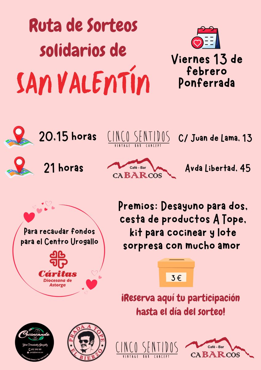 Te esperamos el Viernes, 1️⃣3️⃣ de febrero, en la Ruta de sorteos solidarios de San Valentín ❤️ en #Ponferrada, en donde además de llevarte premios, colaboras para recaudar fondos para nuestro Centro Urogallo.
   Ya puedes participar al precio de 3€.
   Toma nota 👇🏼