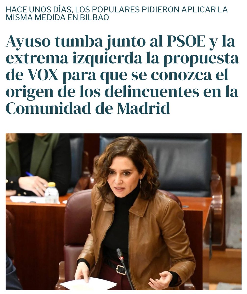 ¿Qué problema hay en que se conozca la nacionalidad de los delincuentes? ¿Qué pretenden ocultar? ¿Por qué Ayuso vota en contra de VOX? Es incomprensible.