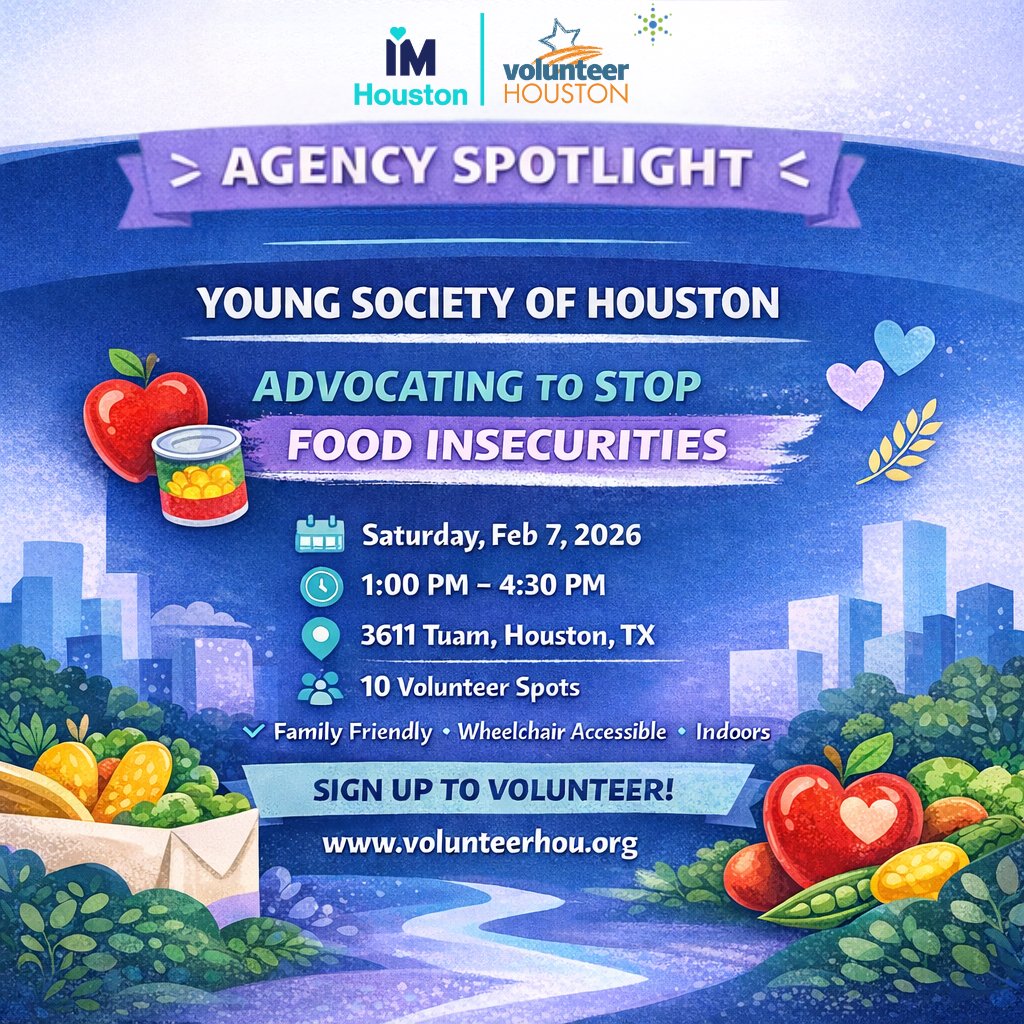 VolunteerHou's tweet photo. Volunteer Houston Agency Spotlight💫: Young Society of Houston — Sat Feb 7, 1–4:30 PM. Sign up: https://t.co/rzgZClsJQm #FightHunger #AgencySpotlight #HoustonVolunteers https://t.co/bPbuj45dIK