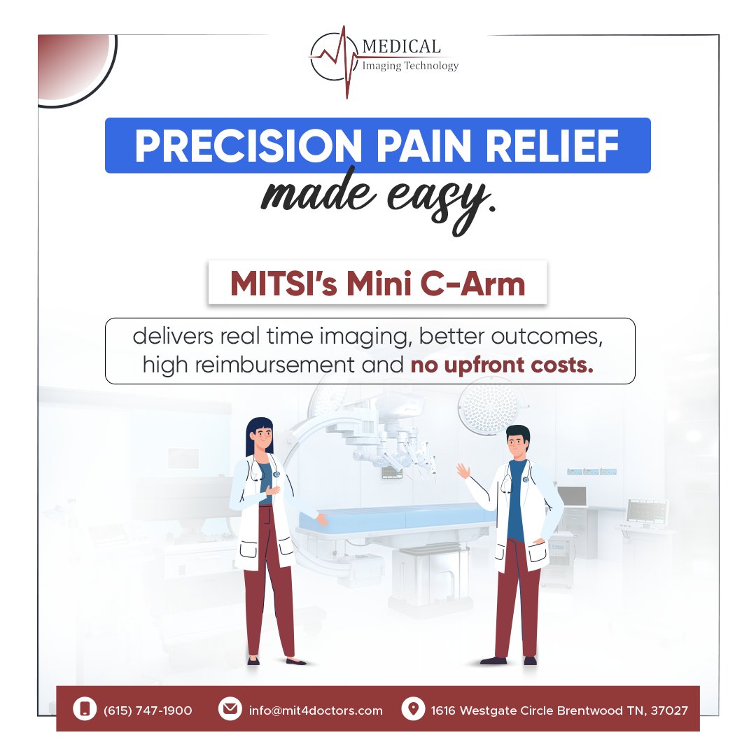 imaging_MIT's tweet image. Treat osteoarthritis with precision using MITSI’s Mini C-Arm. Real-time imaging delivers targeted pain relief, fits seamlessly into any setting, and offers high reimbursement — with no upfront costs.
Contact us!
#MITSI #MiniCArm #OsteoarthritisCare #PainManagement #MedicalImaging