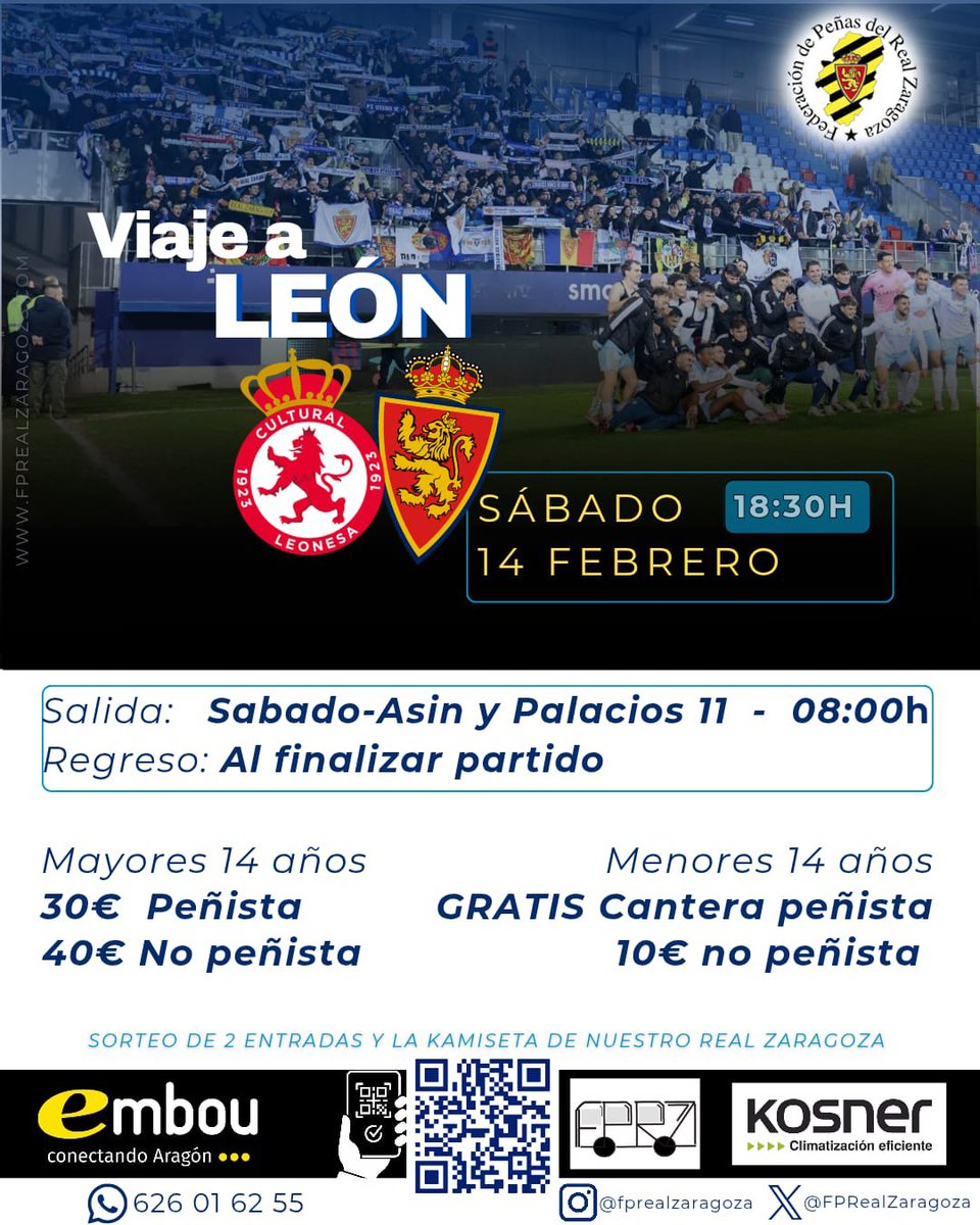 Compra bus desde nuestra web 👉 fprealzaragoza.com/tienda/?produc…
⏰ 8 am
Regreso nada más terminar el partido
Peñista 30
No peñista 40
<14 años gratis Peñista
<14 años No peñista 10
-sorteo camiseta oficial Kosner
-Sorteo entradas <a href="/embou_com/">Embou</a> 

#ZaragozaNuncaSeRinde