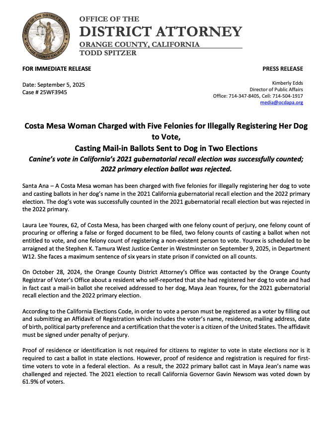 California resident, Laura Yourex, self reported she had registered her dog to vote and had in fact cast a mail-in ballot on behalf of her dog.

She did this to expose the corrupt election system.
She was brilliant for this. 

Her dog voted republican.

Here is your evidence ––