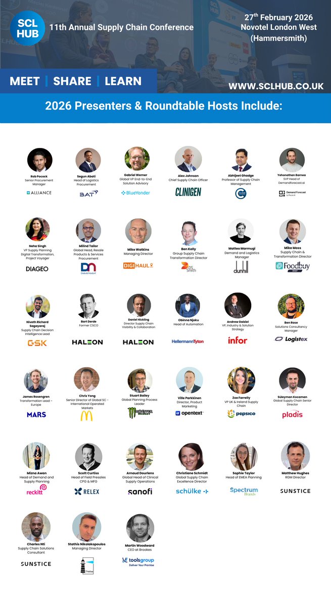 A glimpse of who's leading our upcoming thought leadership programme, what an exciting line up!

✅️27th February 2026
✅️Novotel London West (Hammersmith)

Review our 11th annual #SupplyChain event and register at 👇

sclhub.co.uk

MEET | SHARE | LEARN

#SCLHUB2026