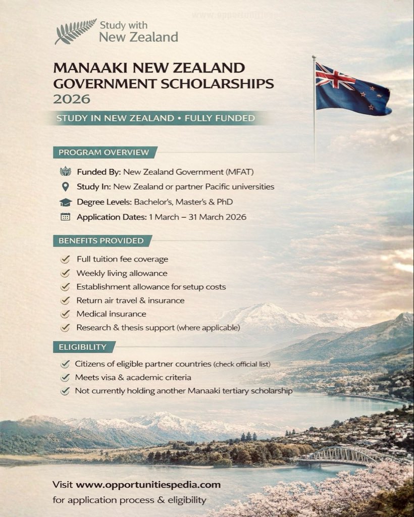 Opedia3's tweet photo. 🇳🇿 Manaaki New Zealand Government Scholarships 2026 | Fully Funded

🏛️ Funded by: Government of New Zealand
🎓 Study Levels: Undergraduate | Postgraduate (Master’s & PhD)

✨ Scholarship Benefits:
✅ Full tuition fees covered
✅ Monthly living allowance
✅ Return airfare to New Zealand
✅ Establishment allowance
✅ Medical & travel insurance

🗓️ Deadline: 31 March 2026.

Details: https://t.co/Xc1sXYlO4B

💬 Tag someone who wants to study in New Zealand 🇳🇿

🔖 #ManaakiScholarship #StudyInNewZealand #FullyFunded #Scholarships2026 #OpportunitiesPedia
