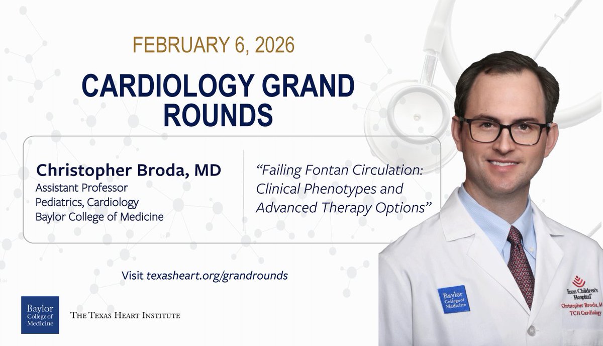 Texas_Heart's tweet photo. 📅 Don't miss tomorrow's Cardiology Grand Rounds  to hear from Christopher Broda, MD, speaking on, "Failing Fontan Circulation; Clinical Phenotypes and Advanced Therapy Options." Please join us in person or register to watch online at https://t.co/M3lkkpPiQ3 https://t.co/ShZSWOXguc