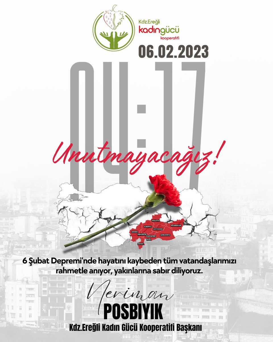 6 Şubat’ta yaşadığımız büyük asrın felaketi, milletçe yüreğimizde derin bir iz bıraktı. Kaybettiğimiz canları rahmetle anıyor, ailelerine ve yakınlarına sabır diliyoruz.
Acımız ortak, sorumluluğumuz büyük… 
Unutmadık, unutmayacağız.