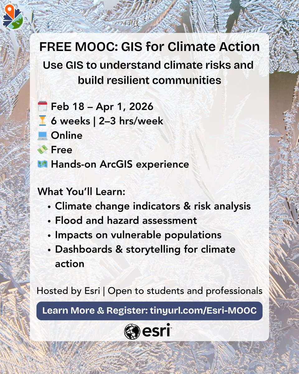 Interested in using GIS to address climate challenges? 🌍

Check out <a href="/Esri/">Esri</a> FREE MOOC: GIS for Climate Action
🗓 Feb 18–Apr 1, 2026
Explore climate risks, vulnerable populations, and create dashboards that drive action.

Register: tinyurl.com/Esri-MOOC

#YouthMappers #GIS