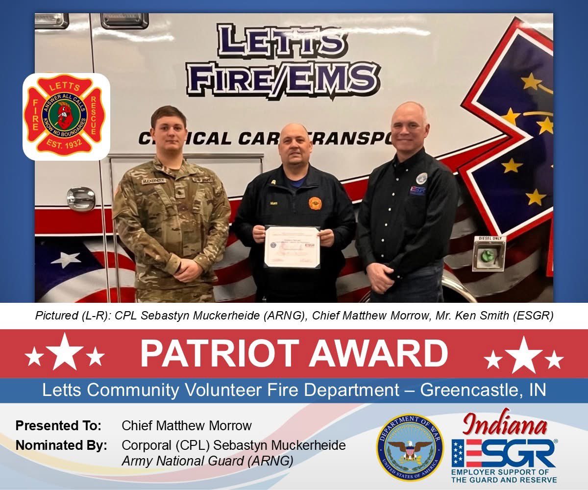 IndianaESGR's tweet photo. Greensburg, IN: Chief Matthew Morrow, Letts Community Vol. Fire Dept., recognized by @ESGR, a @DeptofWar office. 

Chief Marrow was nominated for the Patriot Award by Corporal (CPL) Sebastyn Muckerheide, who serves with the @innationalguard. https://t.co/XIalAhykdn