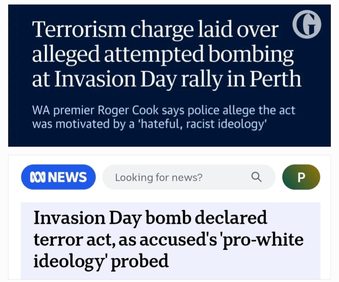 PeterWMurphy1's tweet photo. Word choice matters. It shapes perception. I notice the Guardian Aus headline refers to "hateful, racist ideology". Yet @abcnews reports it as "pro-white ideology". 🤔 #InvasionDay #BombAttack #Terrorism #racism #auspol https://t.co/JepZF2gtRW
