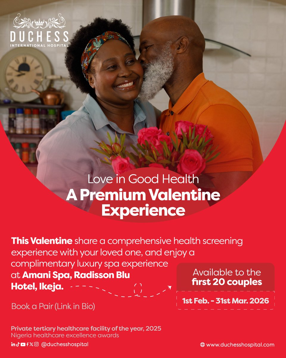 This Valentine, go beyond flowers and dinner plans.
Share a comprehensive health screening experience with someone who matters, and enjoy a complimentary luxury spa experience at Amani Spa, Radisson Blu Ikeja.

Book a pair today - duchesshospital.com/love-in-good-h…