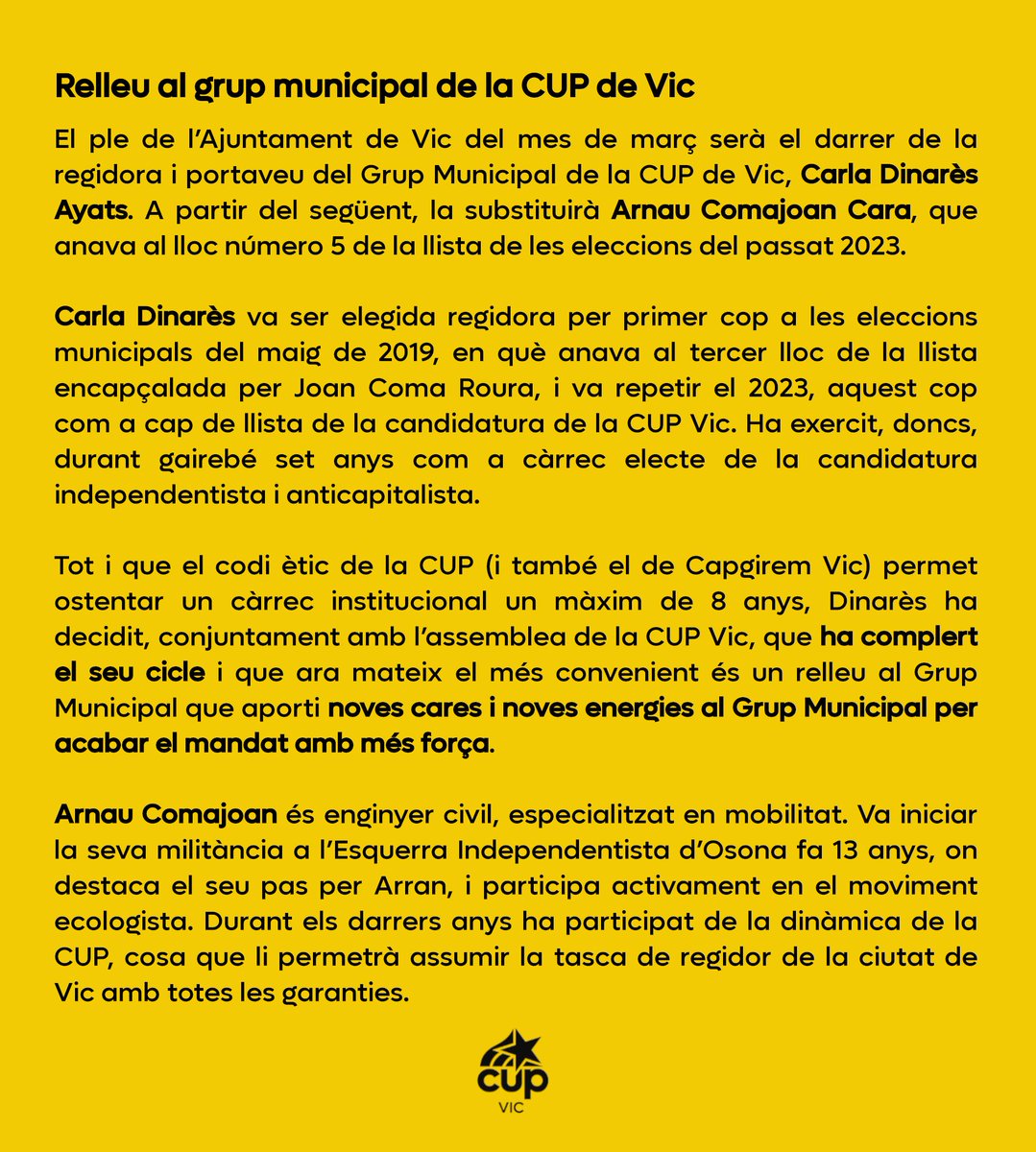 cupvic's tweet photo. ⏩ Relleu al grup municipal de la CUP de Vic:

El #PleVic del març serà el darrer de la regidora i portaveu del grup municipal, @carladinares. A partir del següent, la substituirà @acomajoancara, que anava al lloc núm. 5 de la llista de les eleccions del passat 2023.

#Vic #Osona https://t.co/iSP6EGvSUe