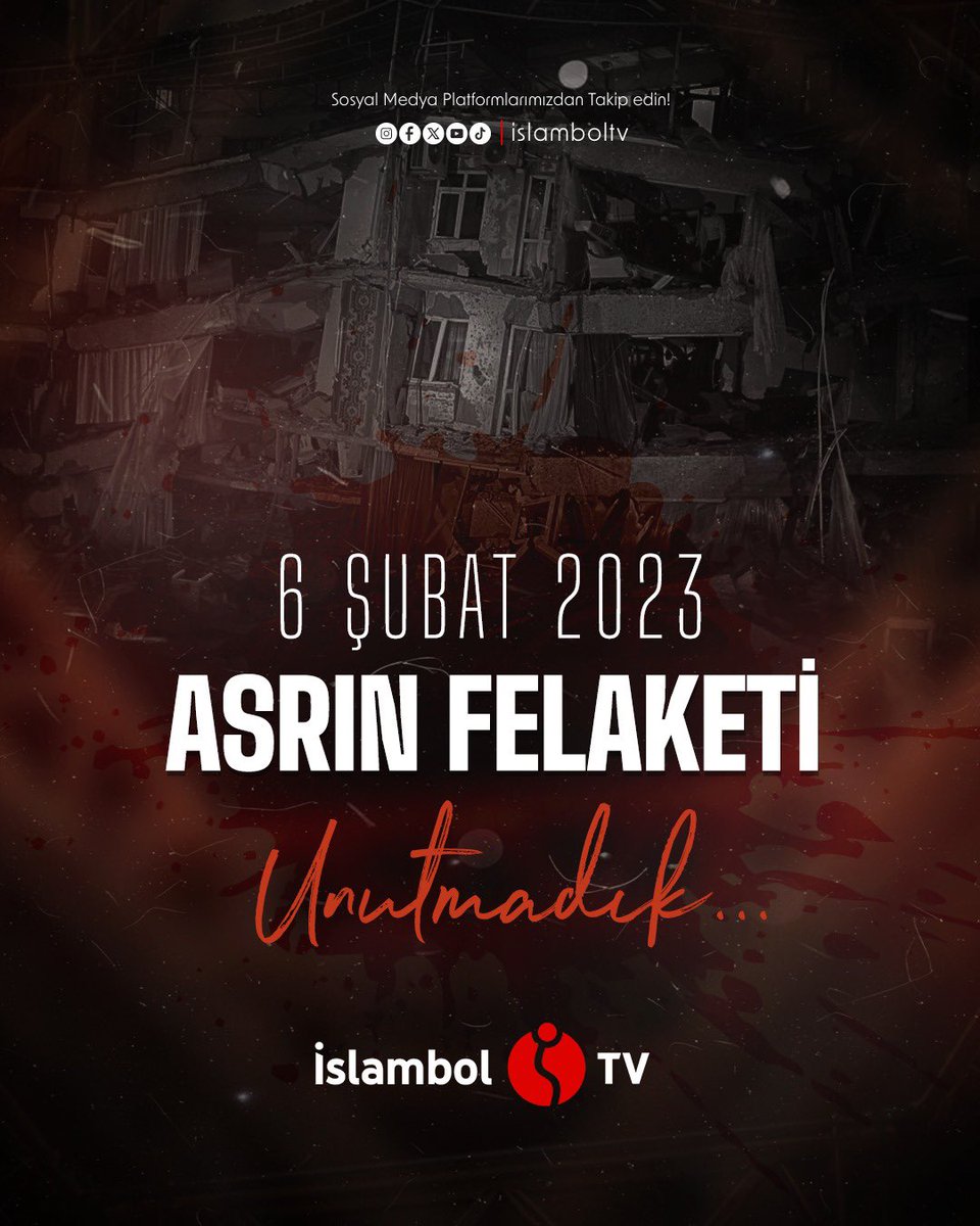 islamboltv's tweet photo. Ülkemizin 6 Şubat’ta yaşadığı büyük depremlerde hayatını
kaybeden vatandaşlarımıza Allâh’tan rahmet, yakınlarına
başsağlığı ve sabırlar diliyoruz.

#6subat #deprem #islamboltv #gecmisolsun https://t.co/TpKYUVdwws