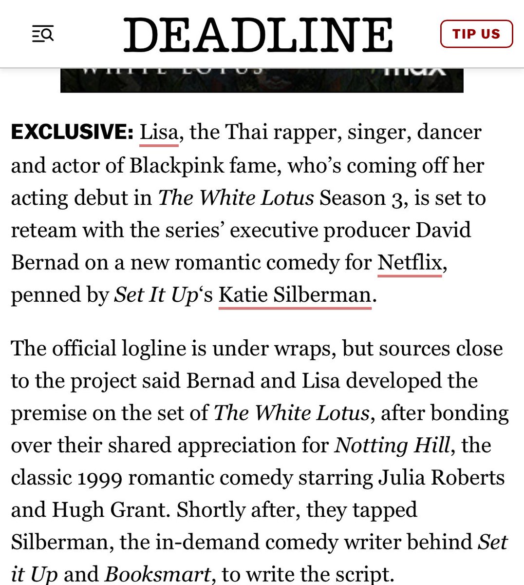 LaliceUpdates's tweet image. EXCLUSIVE: Lisa, the Thai rapper, singer, dancer and actor of BP fame, who’s coming off her acting debut in #TheWhiteLotus Season 3, is set to reteam with the series’ executive producer David Bernad on a new romantic comedy for Netflix, penned by Set It Up‘s Katie Silberman. The…