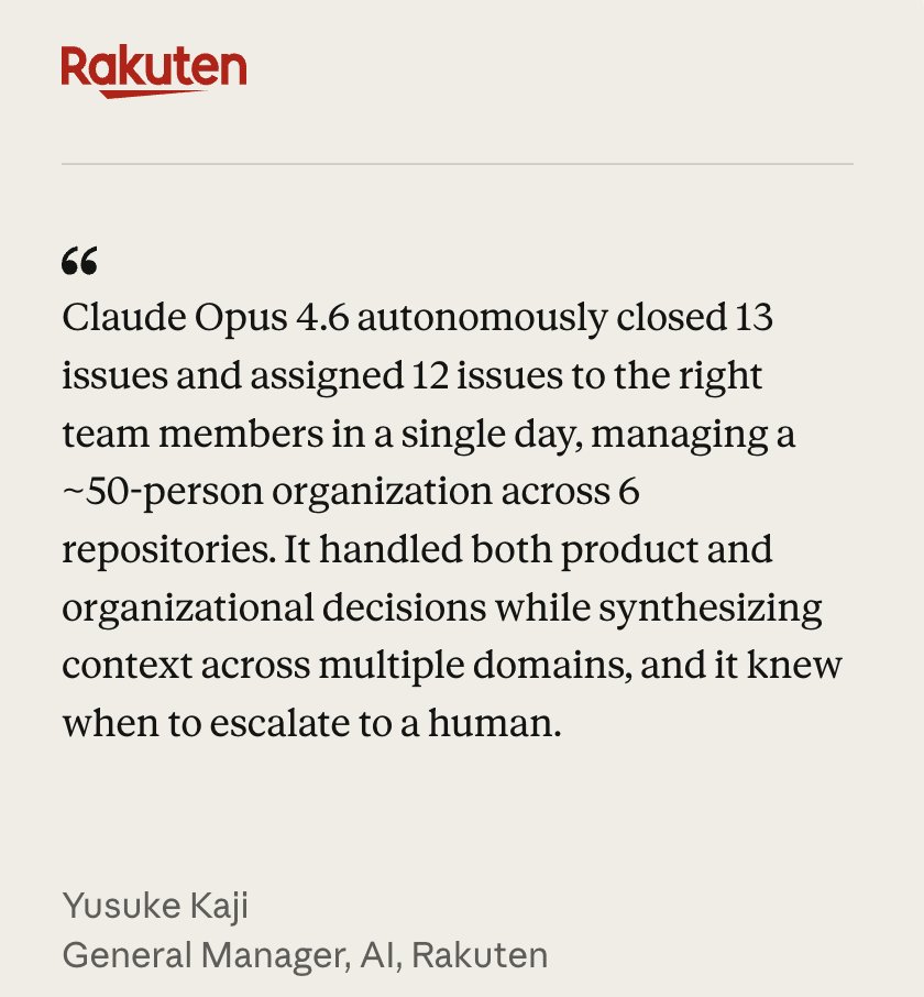 “Claude Opus 4.6 ... managing a ~50-person organization across 6 repositories. It handled both product and organizational decisions while synthesizing context across multiple domains, and it knew when to escalate to a human.”

Sam wasn’t joking about being replaced by an AI CEO.