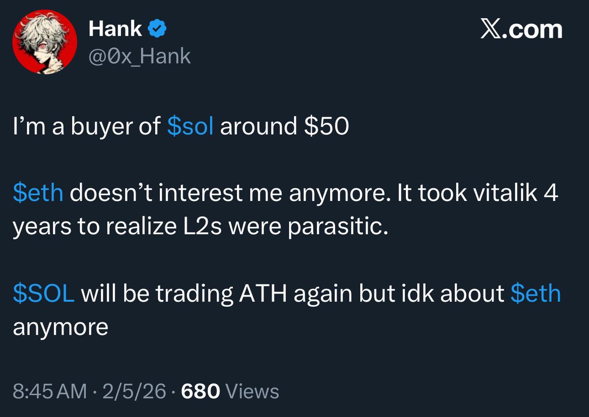 All the 0x’s and .eth’s that give up on ETH this cycle for SOL only for SOL to do EXACTLY what ETH did last cycle is gonna be very sad (but funny) to watch.