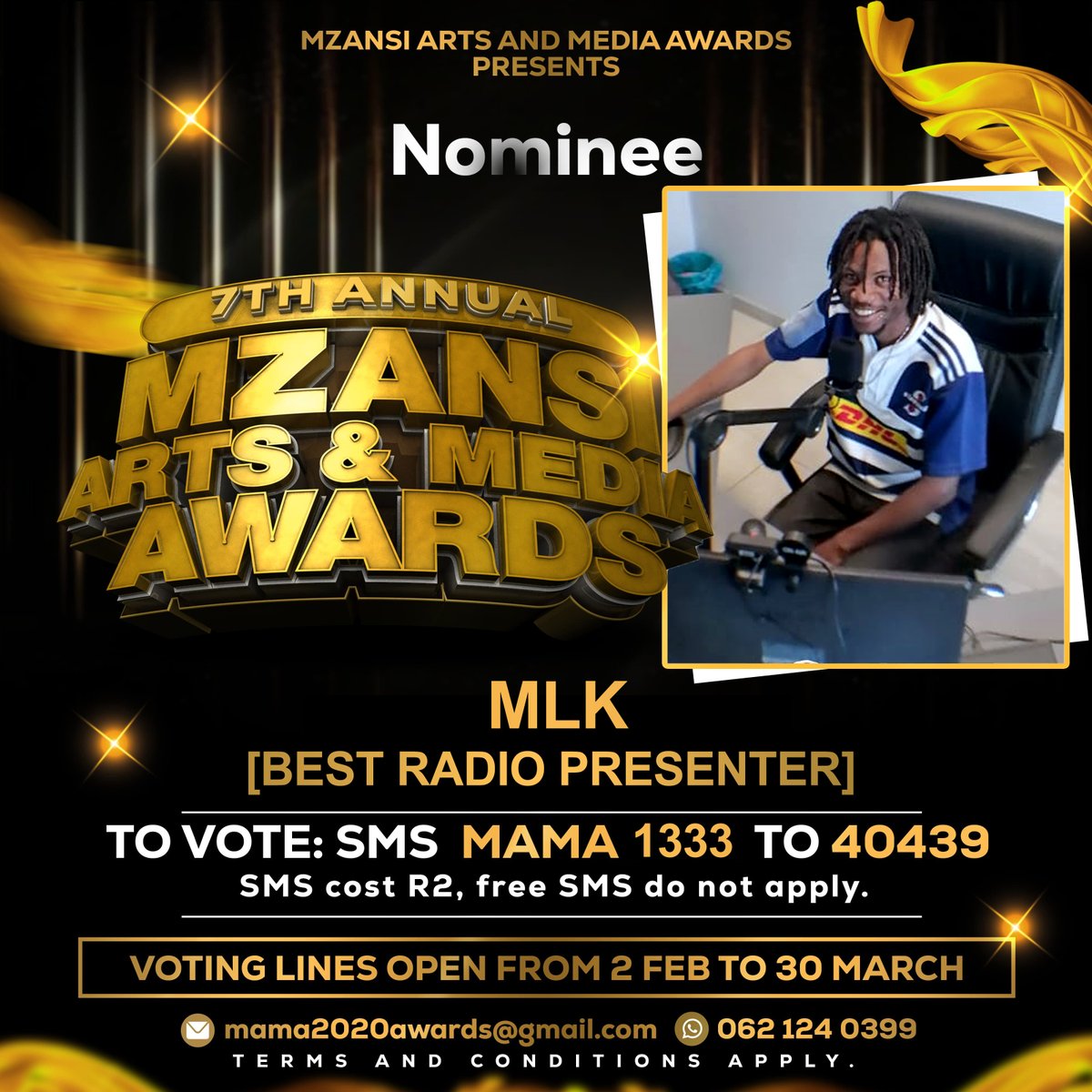 RealMLK_SA's tweet photo. Calling all fans, family, and friends 
MLK is nominated for BEST RADIO PRESENTER at the prestigious Mzansi Art &amp; Media Awards!
To show your support and vote MLK, simply SMS Mama 1333 to 40439. SMS costs R2, and free SMS does not apply.
Your vote counts, and every SMS helps! https://t.co/TmempJWq9g