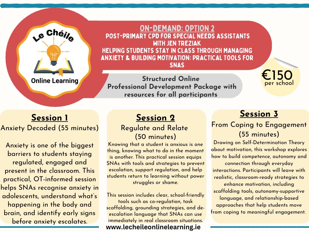 CheileLe's tweet photo. Post Primary CPD for SNAs for School Closure Days/Croke Park Hours

We are delighted to announce our second package specifically for SNAS for Post Primary Schools. Please click on the link below to view our two options.

https://t.co/hrR0M1gdOr https://t.co/vbrDO8nhXc