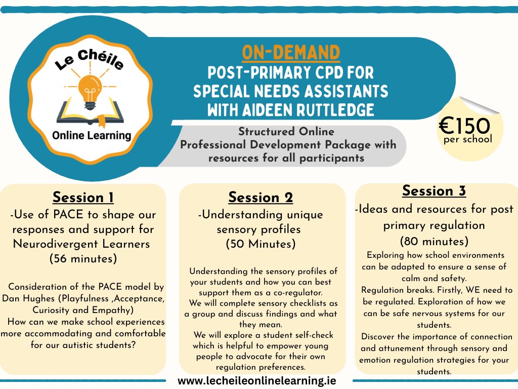 CheileLe's tweet photo. Post Primary CPD for SNAs for School Closure Days/Croke Park Hours

We are delighted to announce our second package specifically for SNAS for Post Primary Schools. Please click on the link below to view our two options.

https://t.co/hrR0M1gdOr https://t.co/vbrDO8nhXc