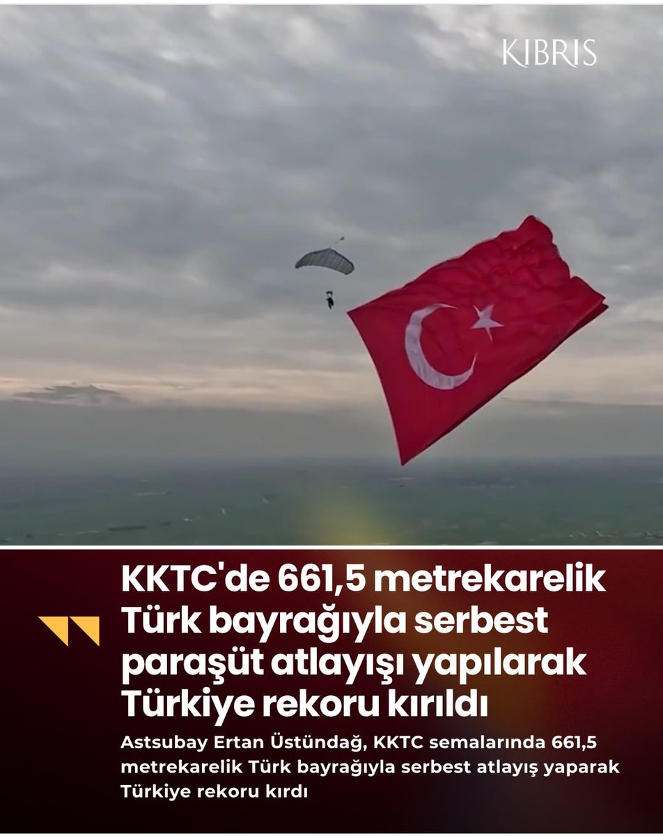 ademyildiz32's tweet photo. 🇹🇷 Türk Assubay tarih yazdı. 

🇹🇷 KKTC semalarında, Türk Özel Kuvvetler Komutanlığı personeli İstihkam Assubay Kıdemli Başçavuş Ertan Üstündağ tam 661.5 metrekarelik dev bir Türk Bayrağı ile serbest paraşüt ile atlayarak Türkiye rekoru kırdı. Bayrak bir basketbol sahasından tam 241.5 metrekare daha büyük. 
Sistem toplamda 203 kilogram. 
#BayrakNamustur 
#bayrak 
#ÖzelKuvvetler 
#KKTC